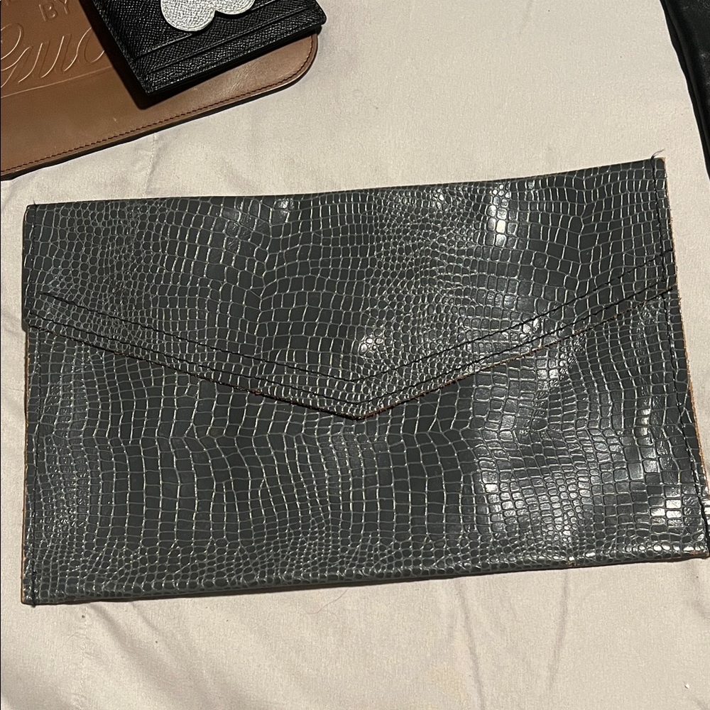 Gray Genuine Leather Crocodile Embossed Envelope Clutch